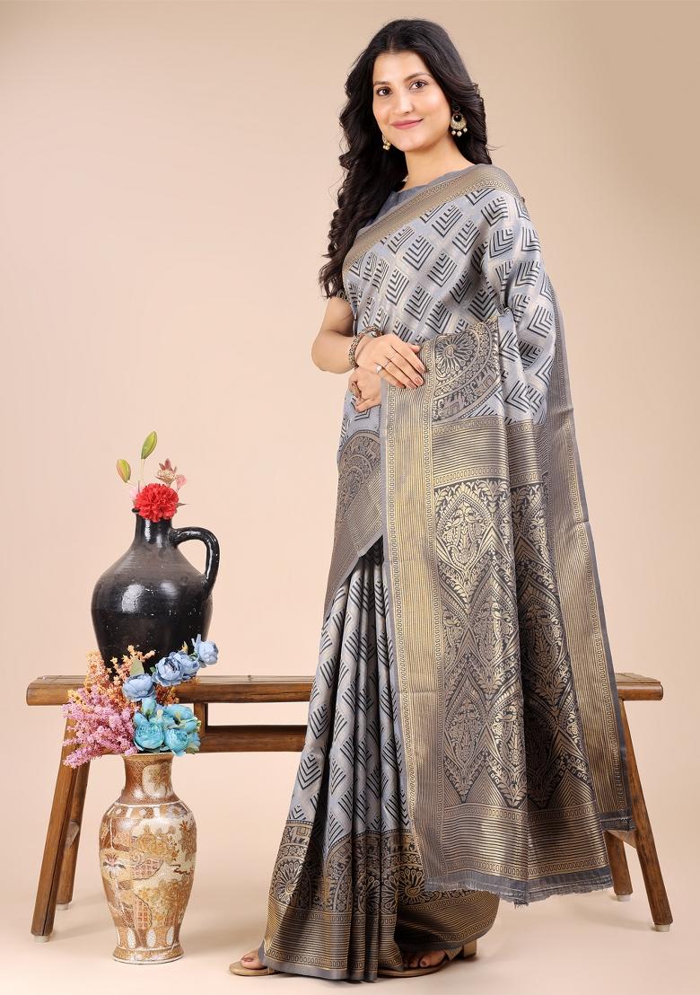 Grey Zari Work Banarasi Silk Saree Set