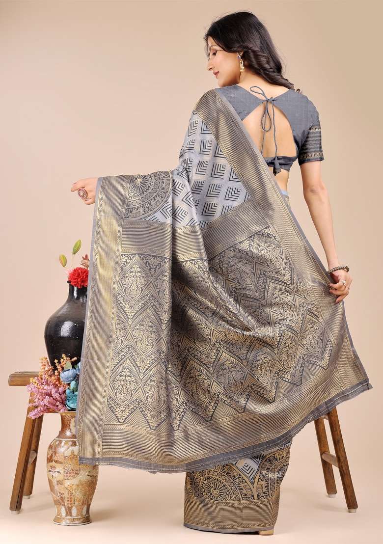 Grey Zari Work Banarasi Silk Saree Set - Indya
