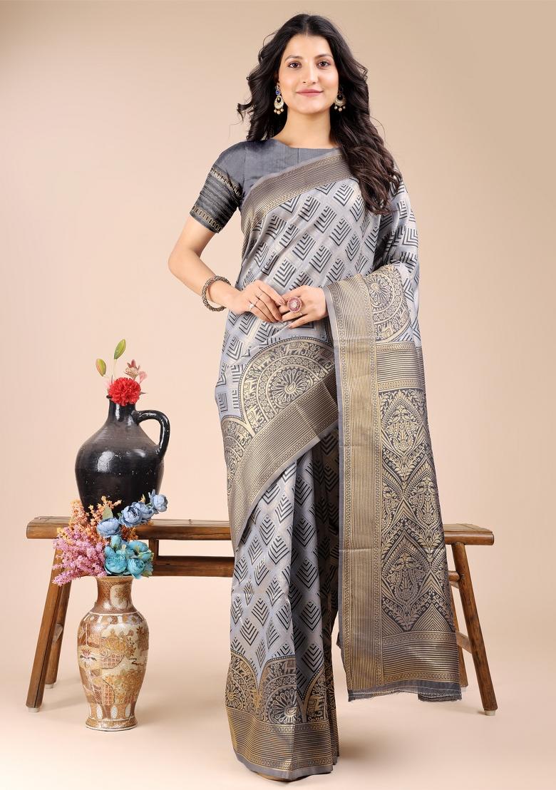 Grey Zari Work Banarasi Silk Saree Set