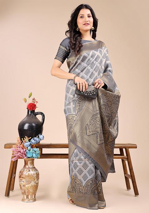 Grey Zari Work Banarasi Silk Saree Set
