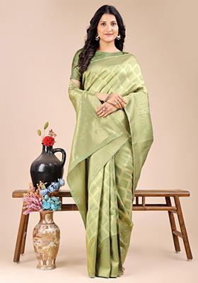 Light Green Zari Work Banarasi Silk Saree Set