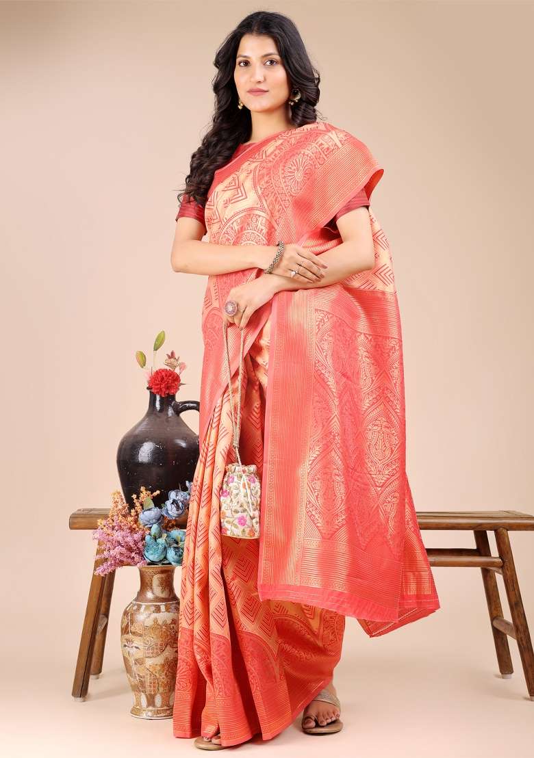 Peach Zari Work Banarasi Silk Saree Set - Indya