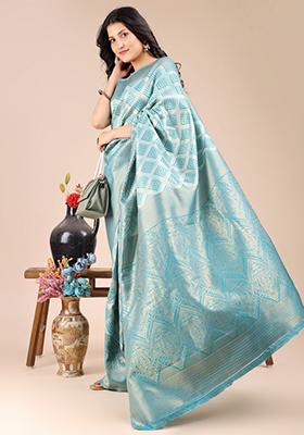 Sea Green Zari Work Banarasi Silk Saree Set