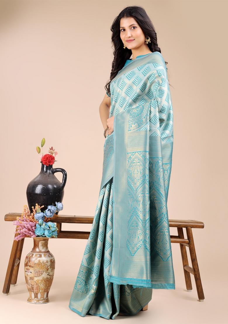 Sea Green Zari Work Banarasi Silk Saree Set