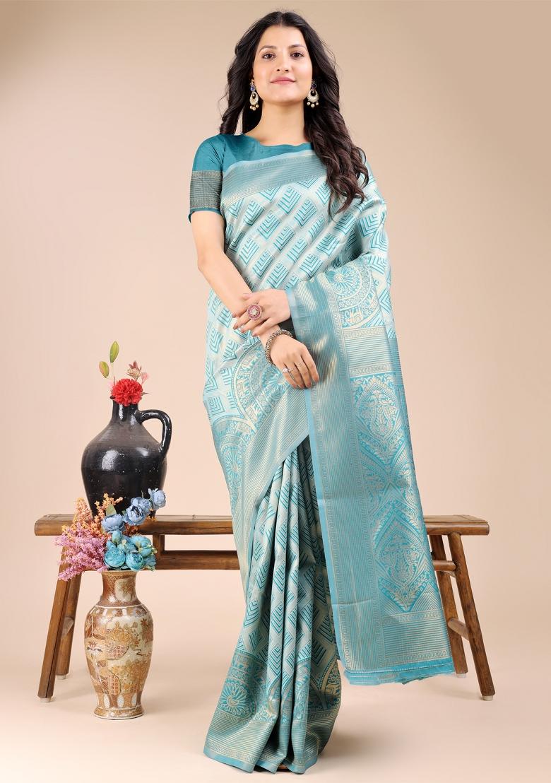 Sea Green Zari Work Banarasi Silk Saree Set