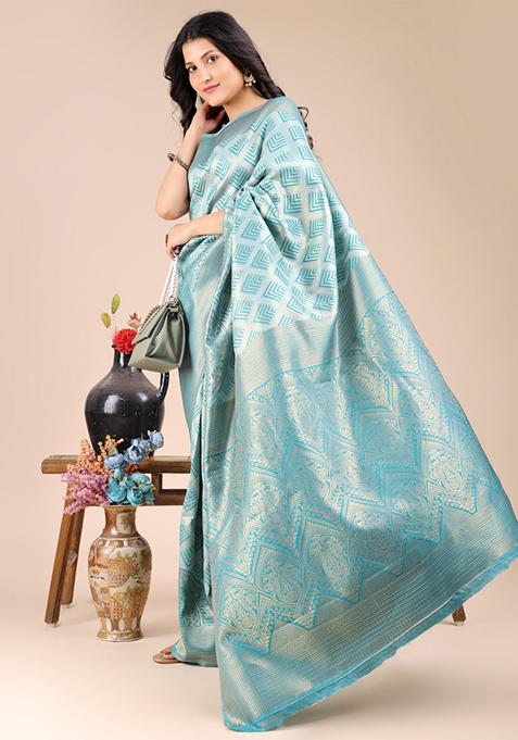 Sea Green Zari Work Banarasi Silk Saree Set