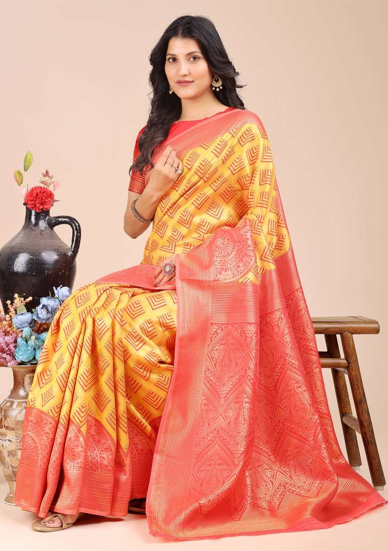 Yellow And Red Zari Work Banarasi Silk Saree Set - Indya