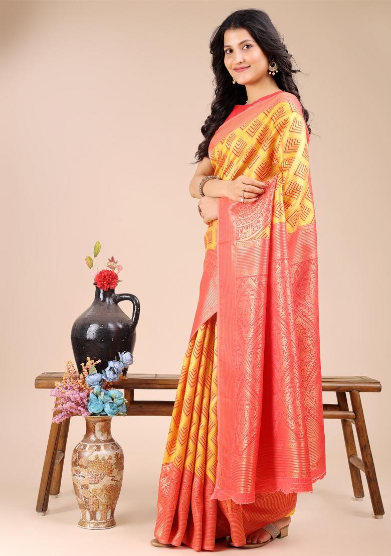 Yellow And Red Zari Work Banarasi Silk Saree Set