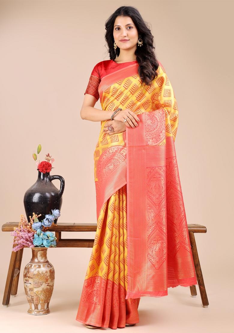 Yellow And Red Zari Work Banarasi Silk Saree Set