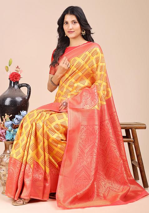 Yellow And Red Zari Work Banarasi Silk Saree Set