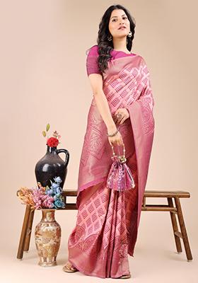 Light Pink Zari Work Banarasi Silk Saree Set