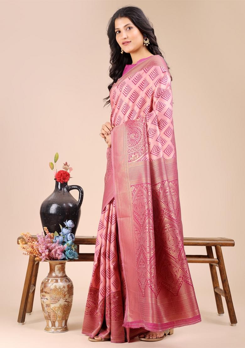 Light Pink Zari Work Banarasi Silk Saree Set