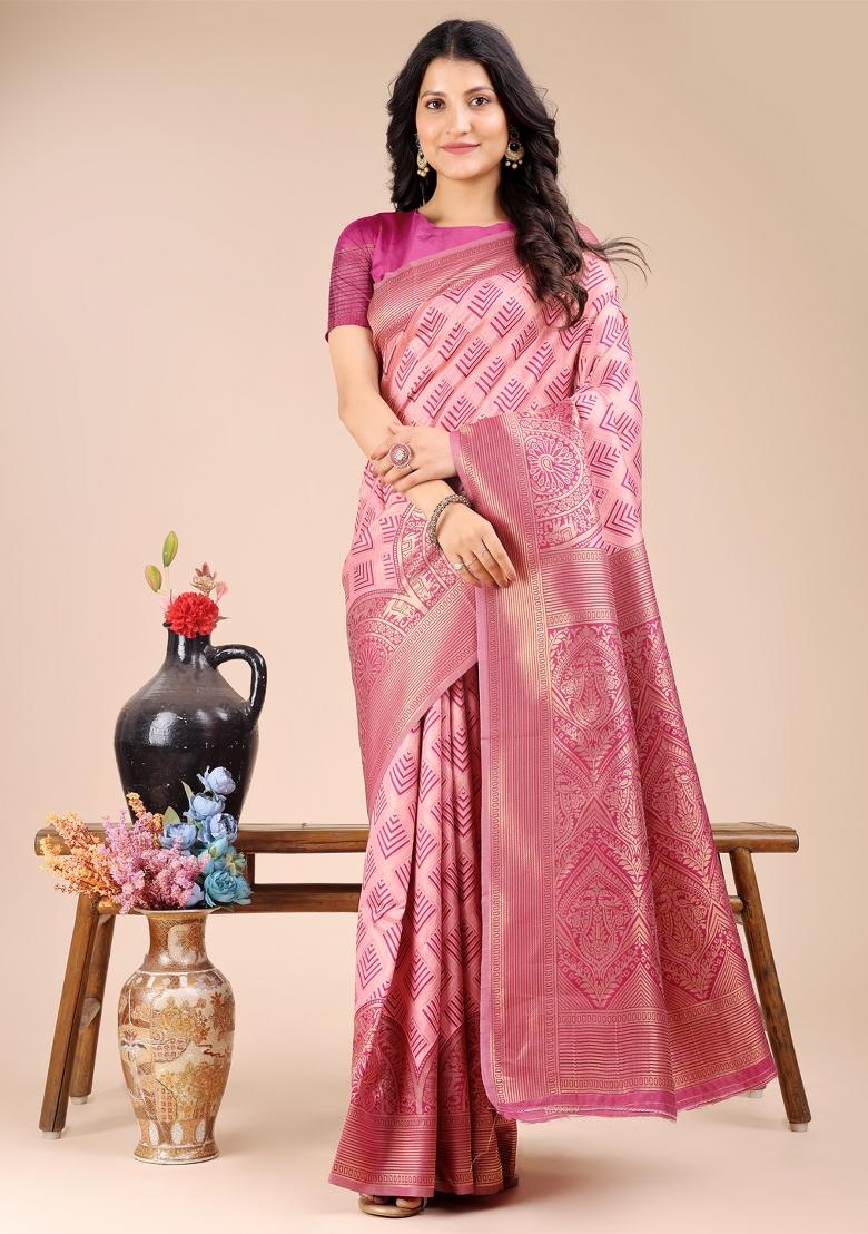 Light Pink Zari Work Banarasi Silk Saree Set