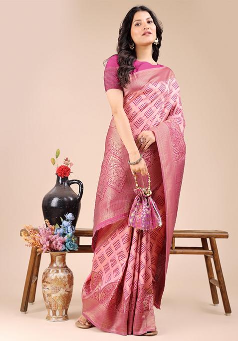 Light Pink Zari Work Banarasi Silk Saree Set