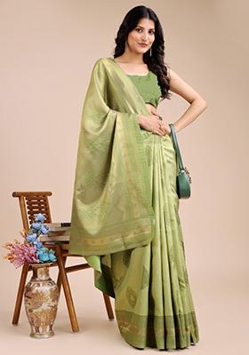 Light Green Zari Work Banarasi Silk Saree Set