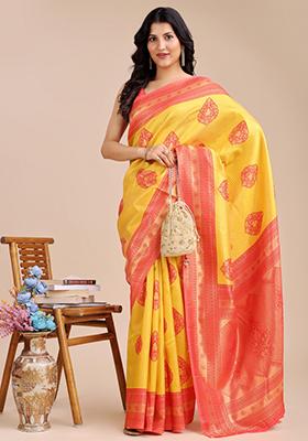Yellow And Red Zari Work Banarasi Silk Saree Set