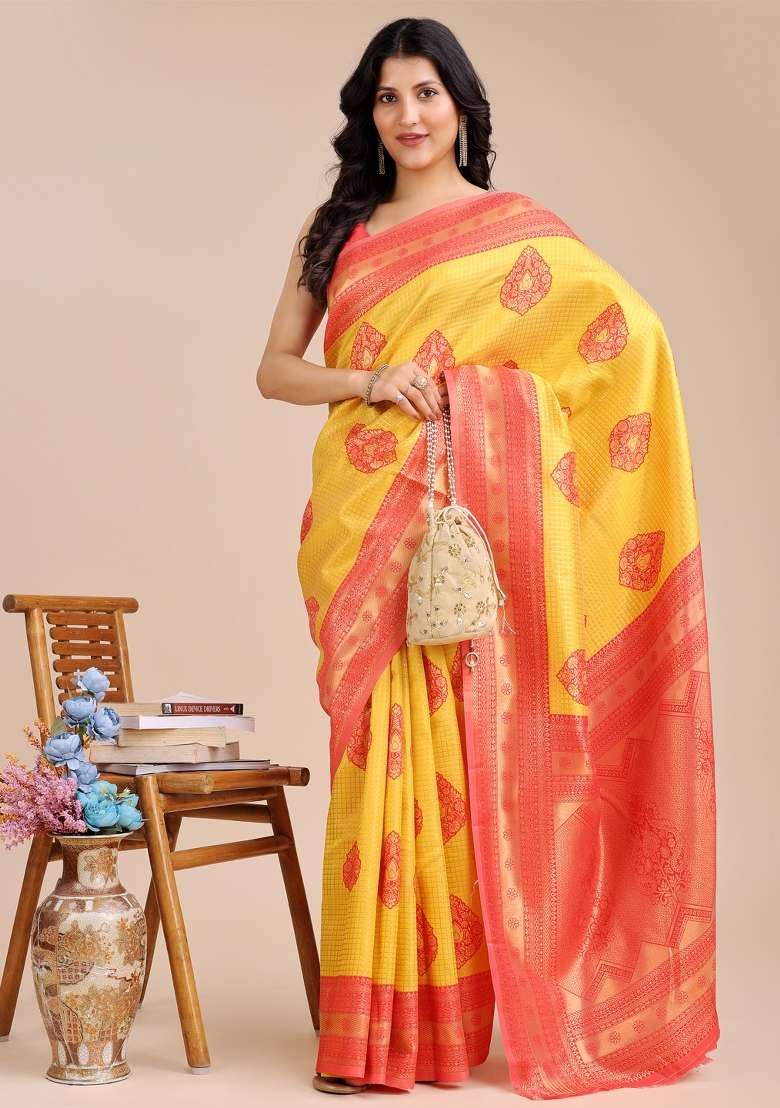 Yellow And Red Zari Work Banarasi Silk Saree Set - Indya