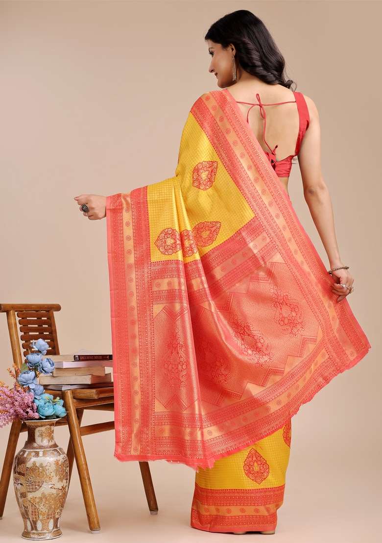 Yellow And Red Zari Work Banarasi Silk Saree Set - Indya