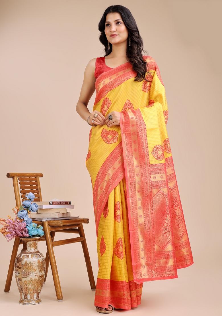Yellow And Red Zari Work Banarasi Silk Saree Set