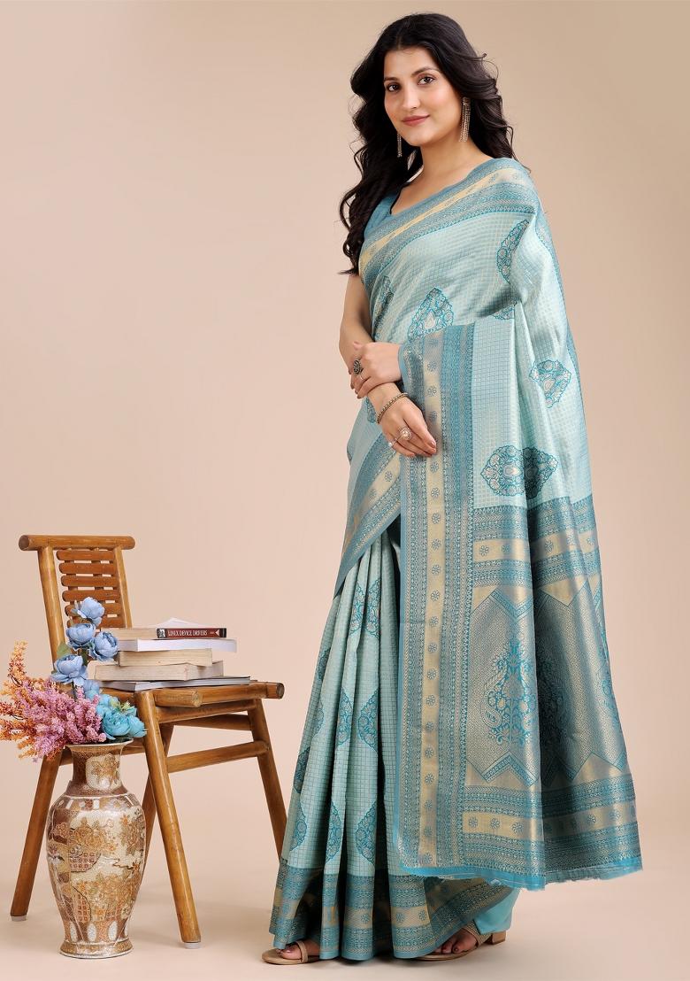 Sea Green Zari Work Banarasi Silk Saree Set