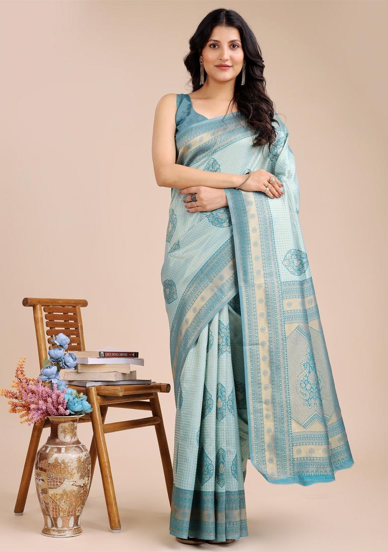 Sea Green Zari Work Banarasi Silk Saree Set