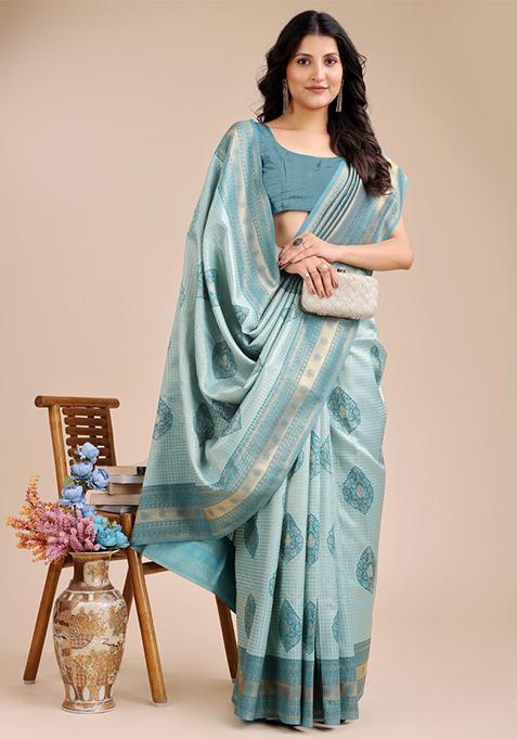Sea Green Zari Work Banarasi Silk Saree Set