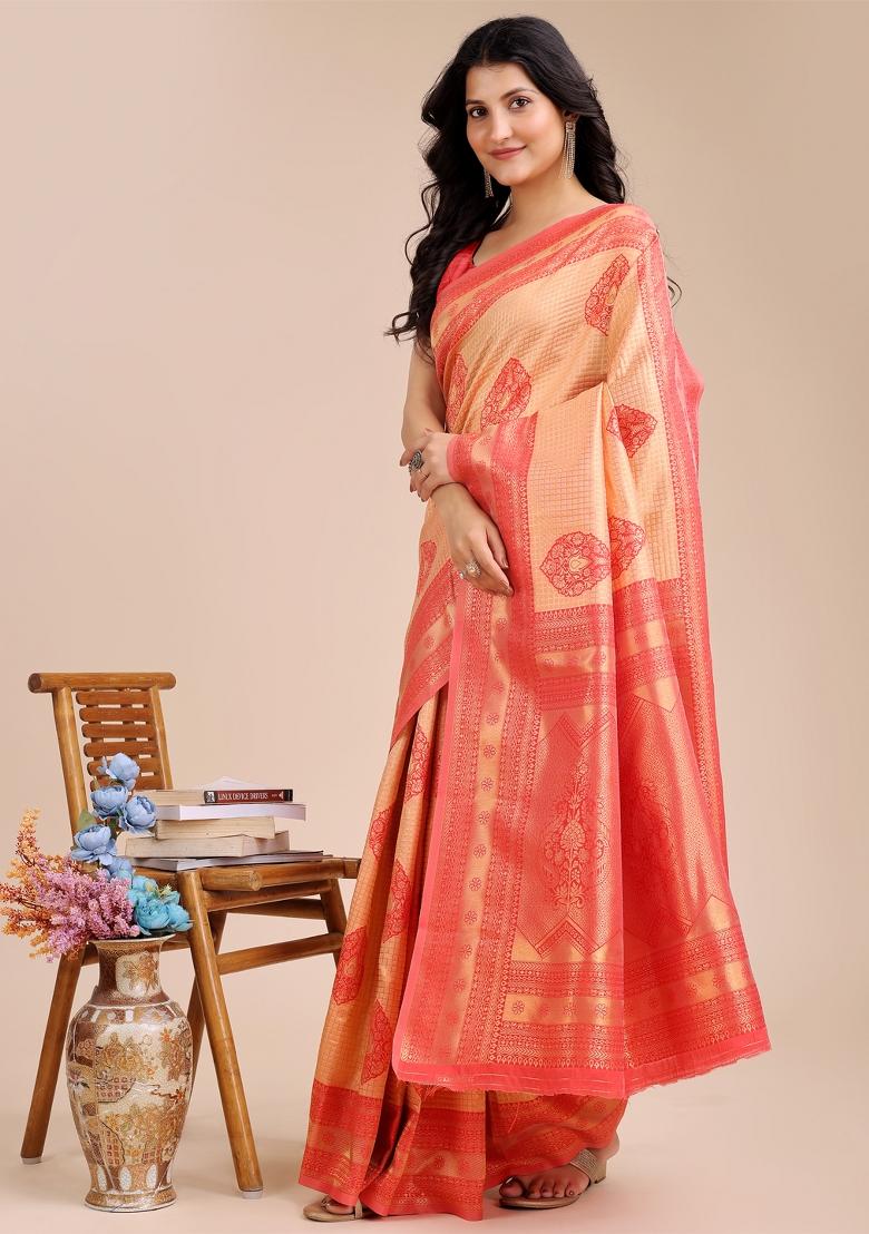 Orange And Red Zari Work Banarasi Silk Saree Set