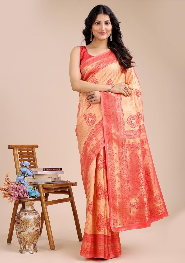 Orange And Red Zari Work Banarasi Silk Saree Set