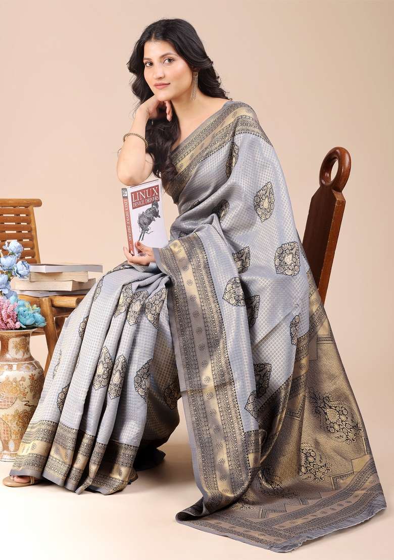 Grey Zari Work Banarasi Silk Saree Set - Indya
