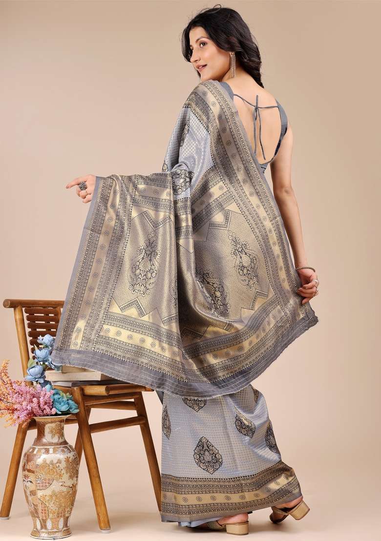Grey Zari Work Banarasi Silk Saree Set - Indya