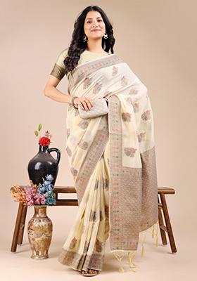 Cream Zari Work Cotton Blend Saree Set