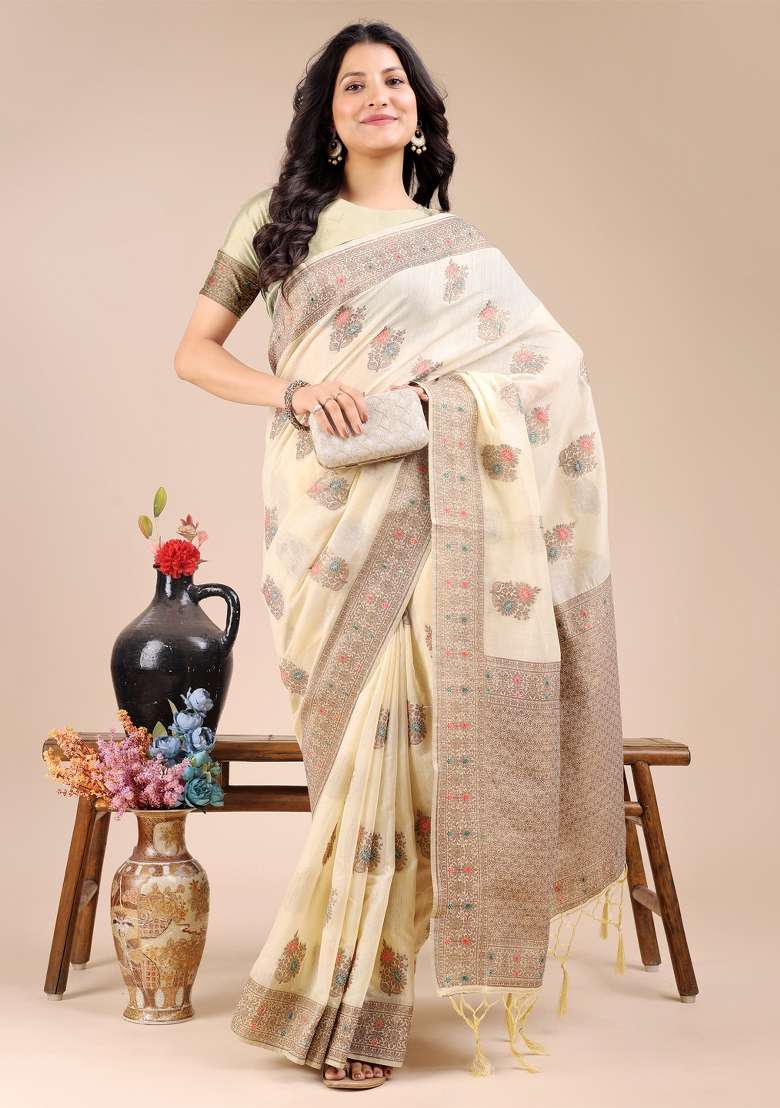 Cream Zari Work Cotton Blend Saree Set - Indya