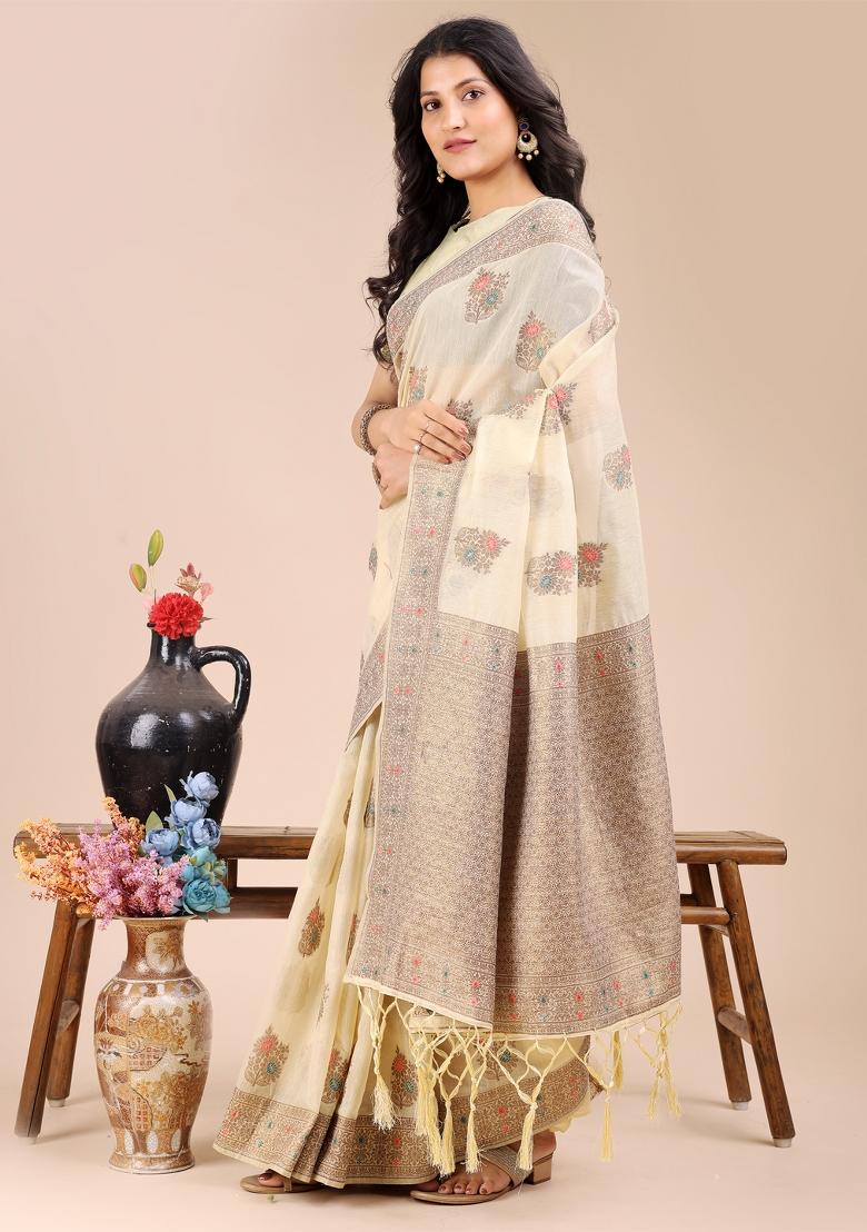 Cream Zari Work Cotton Blend Saree Set