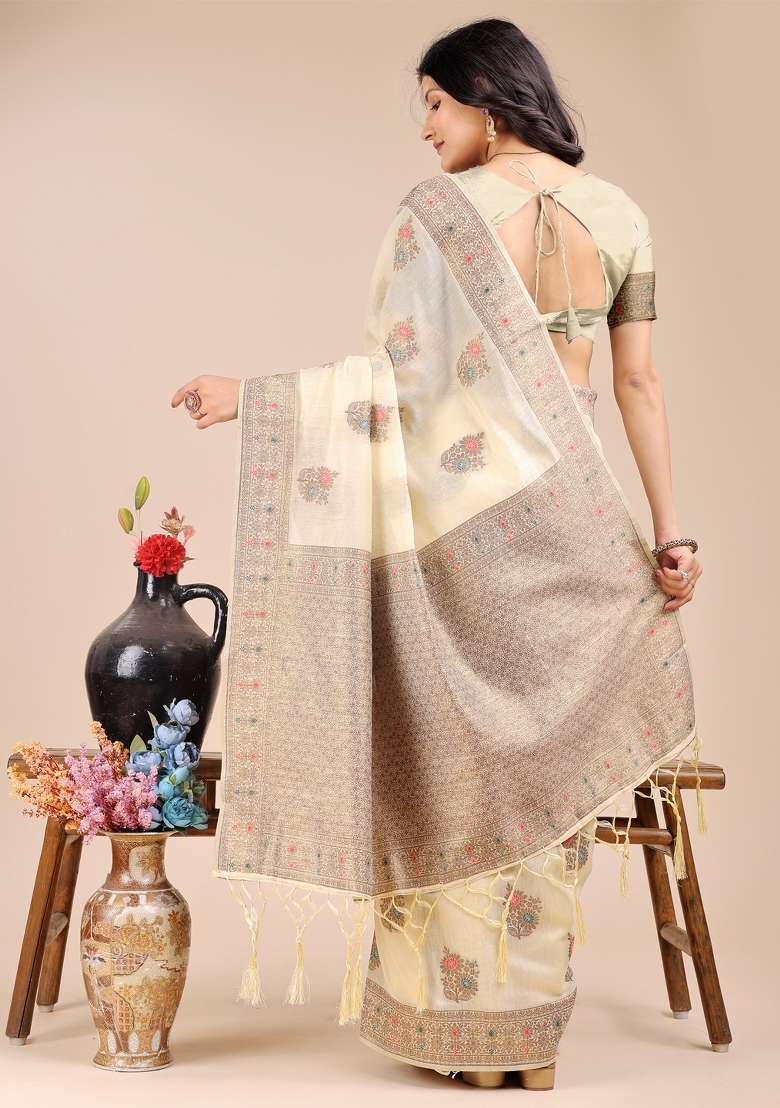 Cream Zari Work Cotton Blend Saree Set - Indya