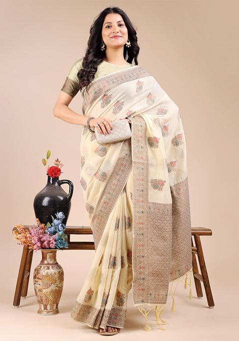 Cream Zari Work Cotton Blend Saree Set