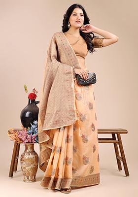 Peach Zari Work Cotton Blend Saree Set