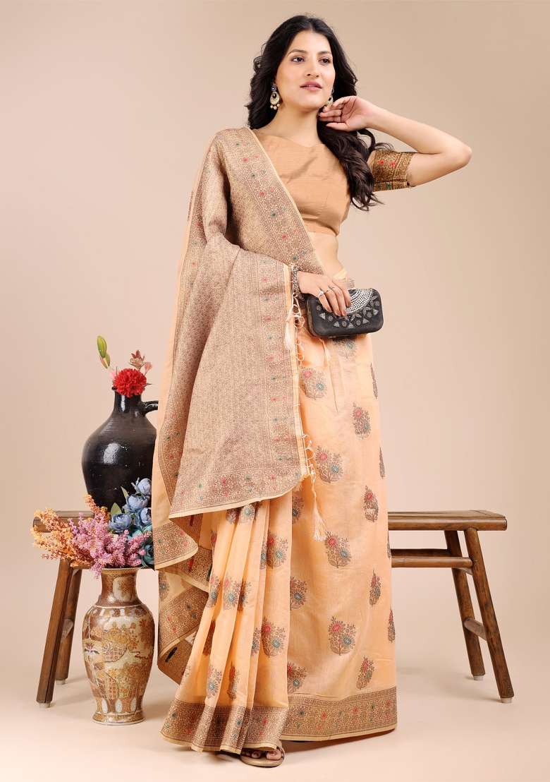 Peach Zari Work Cotton Blend Saree Set - Indya