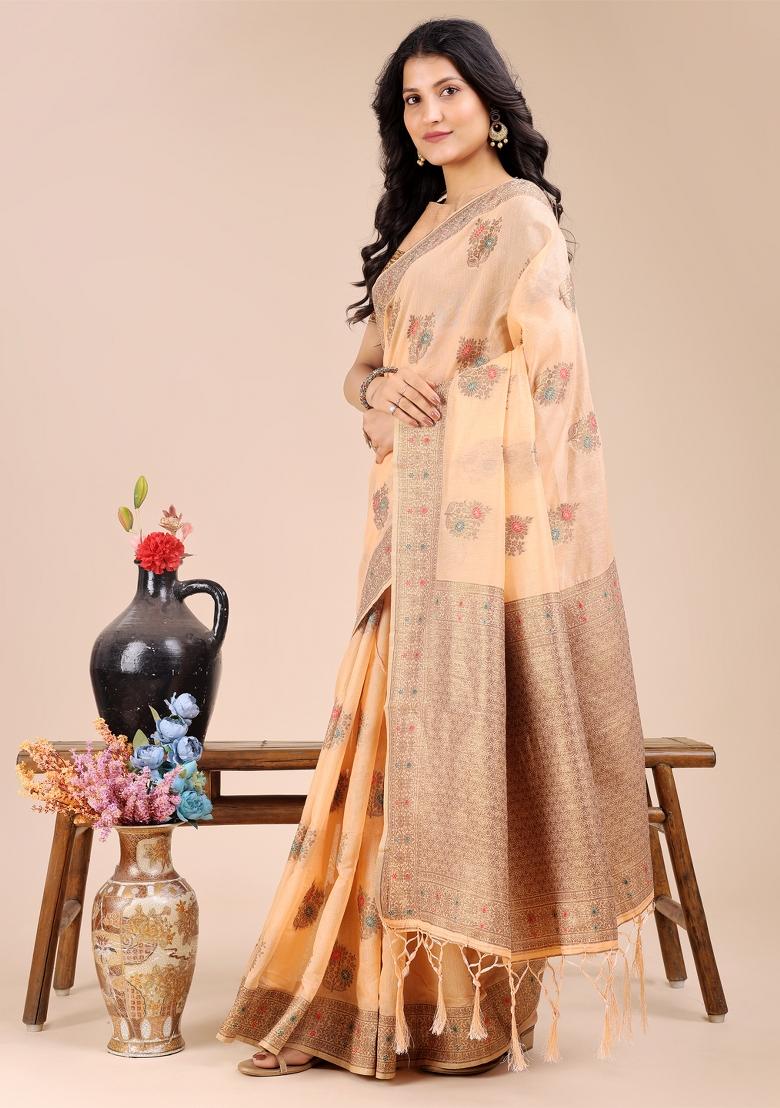 Peach Zari Work Cotton Blend Saree Set