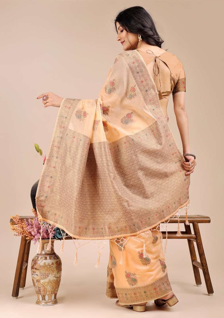Peach Zari Work Cotton Blend Saree Set - Indya