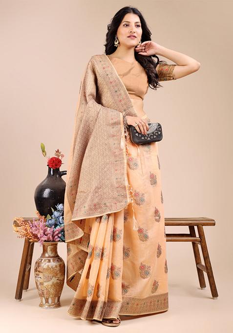 Peach Zari Work Cotton Blend Saree Set