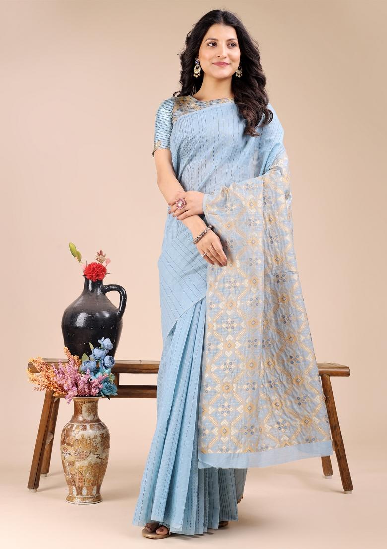 Sky Blue Zari Work Cotton Blend Saree Set