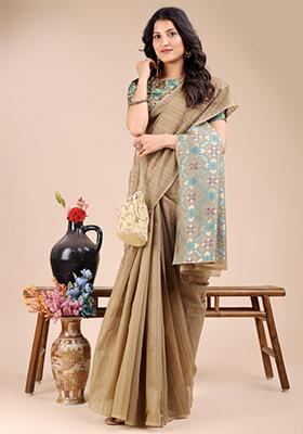 Beige Zari Work Cotton Blend Saree Set