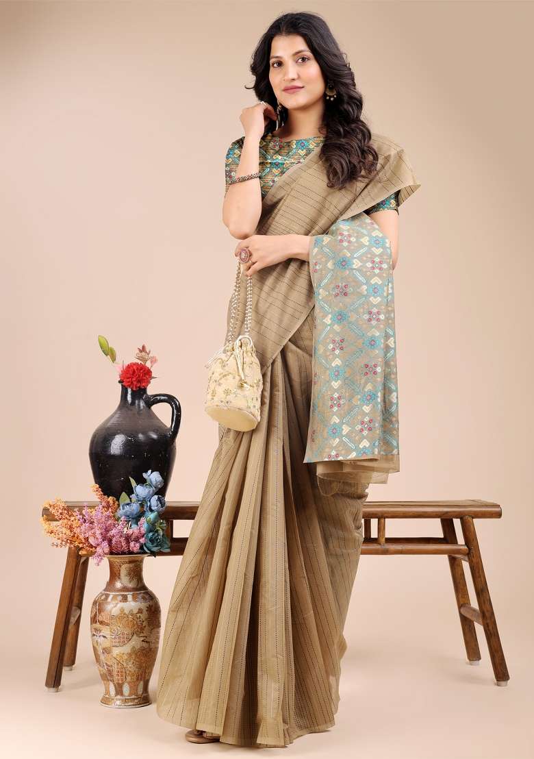 Beige Zari Work Cotton Blend Saree Set - Indya
