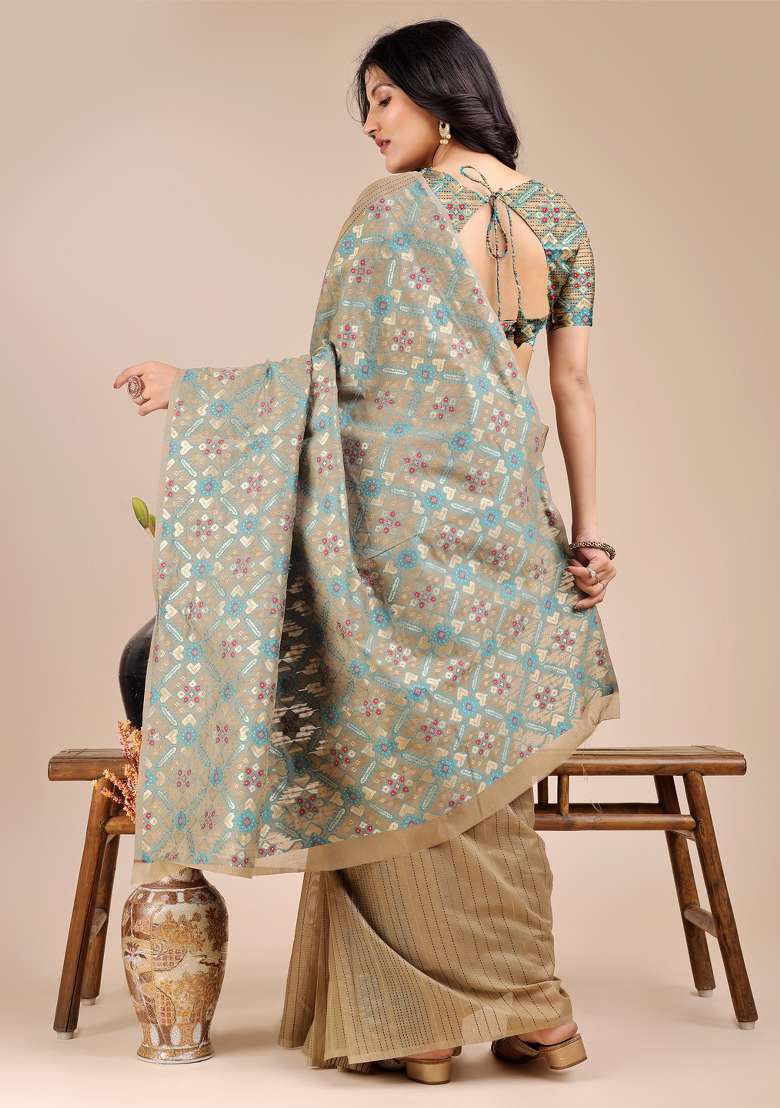 Beige Zari Work Cotton Blend Saree Set - Indya