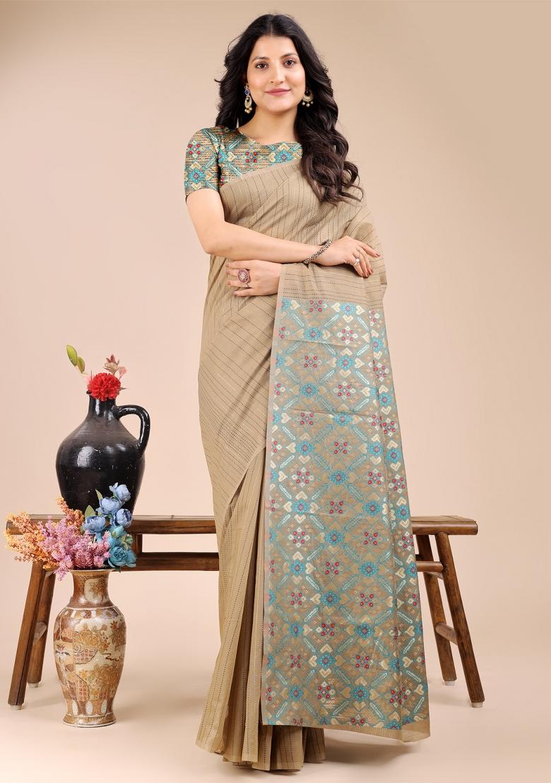 Beige Zari Work Cotton Blend Saree Set