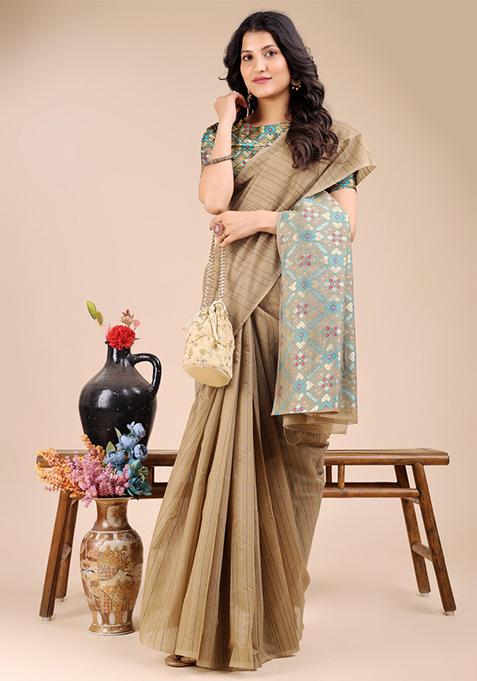 Beige Zari Work Cotton Blend Saree Set