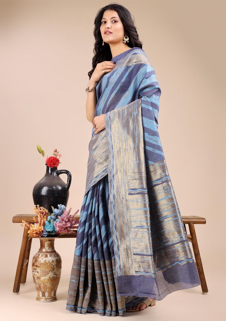 Blue Zari Work Cotton Blend Saree Set