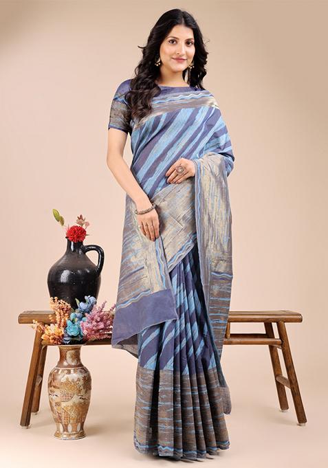 Blue Zari Work Cotton Blend Saree Set