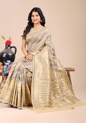 Cream Zari Work Cotton Blend Saree Set
