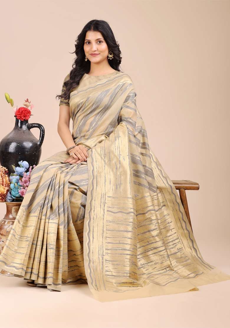 Cream Zari Work Cotton Blend Saree Set - Indya